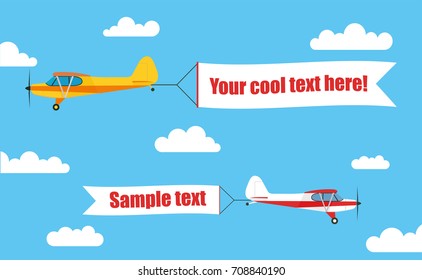 Flying advertising banners, pulled by a light aircraft with your text - stock vector.