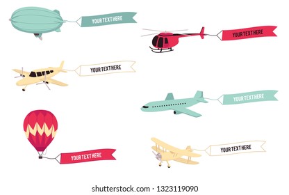 Flying advertising horizontal banners set with air transport, plane, hot air balloon, helicopter and zeppelin. Set of transport vehicles with banners and place for your text, vector illustration.