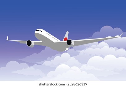 Un avión volador cruza la Ilustración vectorial de nubes