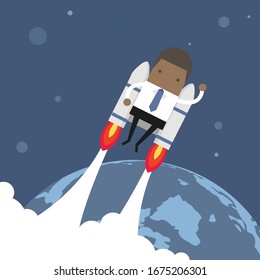 Flying African businessman with jetpack.