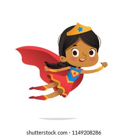 Flying African-American Girl wearing colorful costumes of superheroe, isolated on white background. Cartoon vector characters of Kid Superheroes, for party, invitations, web, mascot