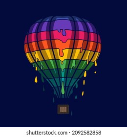 Flying air balloon art logo. Colorful design with dark background. Abstract vector illustration. Isolated black background for t-shirt, poster, clothing, merch, apparel, badge design