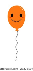 Flying air balloon with spooky face hand drawn Halloween illustration. Cartoon style flat design, isolated vector. Kid seasonal print, autumn holiday, trick or treat, costume party element, decoration