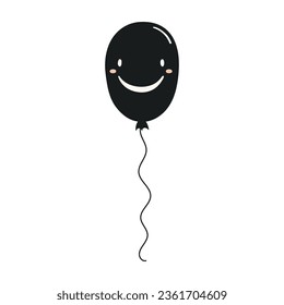 Flying air balloon with spooky face hand drawn Halloween illustration. Cartoon style line art design, isolated vector. Kid seasonal print, autumn holiday, trick or treat, party element, decoration