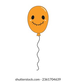 Flying air balloon with spooky face hand drawn Halloween illustration. Cartoon style line art design, isolated vector. Kid seasonal print, autumn holiday, trick or treat, party element, decoration