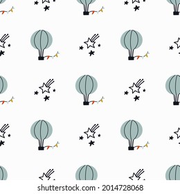 Flying air balloons with flags, black-white doodle stars on white backdrop. Vector seamless pattern. Simple flat design. Hand drawn backdrop for textile, wrapping paper, clothes, kid's room design.