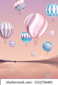 Flying air balloons flat vector illustration. Various aircrafts over river. Aerial transportation background. Hot air ballooning on picturesque landscape. Aerostat transport, soaring balloon in flight