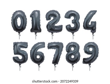 Flying in air black color helium balloons numbers with ribbons isolated icons set. Vector inflatable digits party decoration, year birthday anniversary symbols. 123 ABC numerals, set from 0 to 9