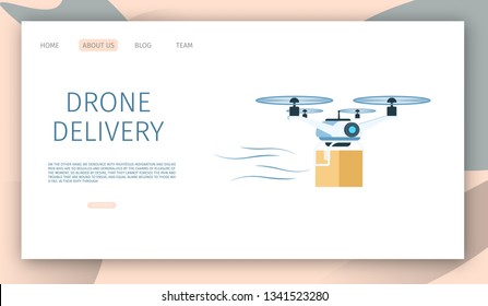 Flying Air Drone Delivery Carrying Cardboard Box. Modern Warehouse Shipping. Automatic Transportation Technology Equipment. Future Transport Device. Flat Cartoon Vector Illustration.