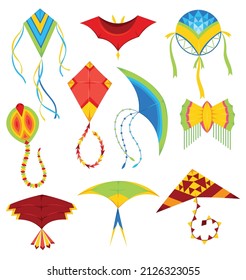 Flying air kites in different shapes. Collection of vector wind toy for active pastime and entertainment. Outdoor summer activity cartoon objects