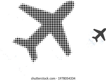 Flying air liner halftone dot icon illustration. Halftone pattern contains round points. Vector illustration of flying air liner icon on a white background.