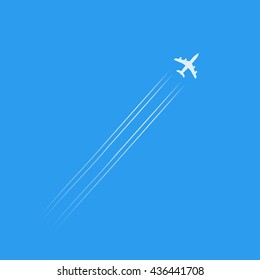 Flying air plane with trail smoke silhouette isolated in blue sky view icon, white airplane jet flight shape vector illustration simple graphic