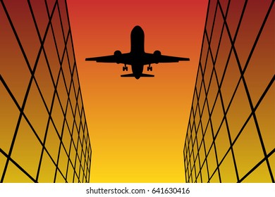 Flying aircraft between glass buildings at sunset. Vector illustration with silhouette of passenger airplane. Bright gradient background