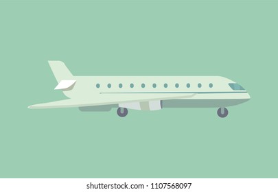 Flying aircraft in blue sky, airplane traveling fast rapid speed, comfortable for passengers, windows portholes illuminators vector illustration flat style