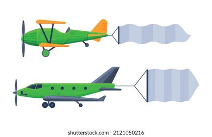 Flying Aircraft with Fluttering Blank Banner for Advertising in the Sky Vector Set