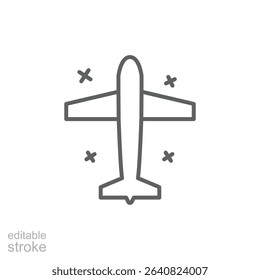 Flying Aircraft Icon Thin Line Editable Stroke Outline Style from Top Perspective for Aviation or Tourism Use