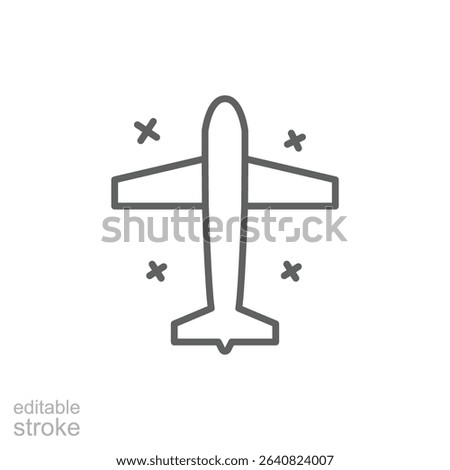 Flying Aircraft Icon Thin Line Editable Stroke Outline Style from Top Perspective for Aviation or Tourism Use