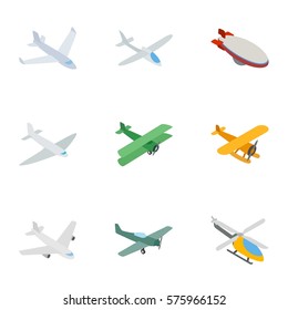 Flying aircraft icons set. Isometric 3d illustration of 9 flying aircraft vector icons for web