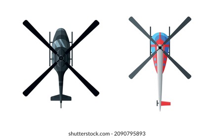 Flying Aircraft with Jet Engine and Propeller View from Above Vector Set