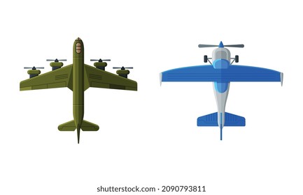 Flying Aircraft with Jet Engine View from Above Vector Set