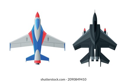 Flying Aircraft with Jet Engine View from Above Vector Set