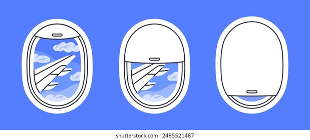 Flying aircraft portholes. Open and closed airplane windows, sky with clouds plane window view flat vector illustration set. Plane travel skyscapes collection