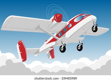 flying aircraft with red stripe on fuselage. vector illustration