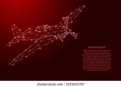 Flying aircraft, screw monoplane, from futuristic polygonal red lines and glowing stars for banner, poster, greeting card. Vector illustration.