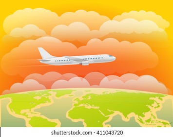 Flying aircraft in the sky. Flat design illustration