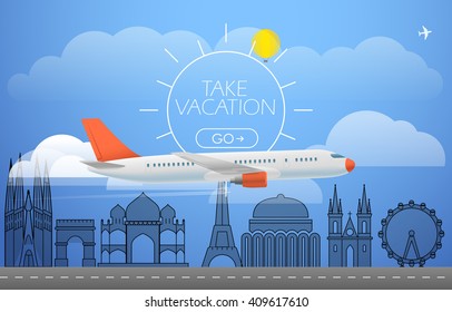 Flying aircraft in the sky. Vacation concept