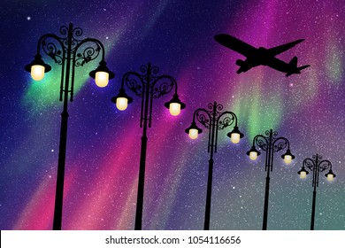 Flying aircraft and vintage lampposts at night. Vector illustration with silhouette of passenger airplane. Northern lights in starry sky
