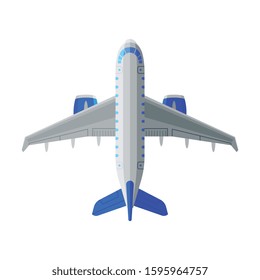 Flying Aircraft, White and Blue Airplane, View from Above, Air Transport Vector Illustration