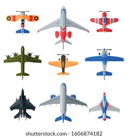 Flying Aircrafts Collection, Various Civil and Military Airplanes, View from Above, Air Transport Vector Illustration