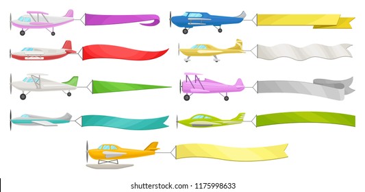 Flying aircrafts with horizontal advertising banners vector Illustrations, colorful modern and vintage planes on a white background
