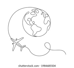 Flying Airplane around Earth globe in one Continuous line drawing  Concept turism trip   travel  Simple vector illustration in linear style