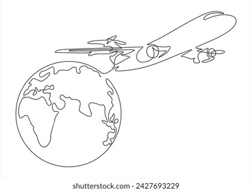 Flying Airplane around Earth globe in one Continuous line drawing. Concept of turism trip and travel.	
