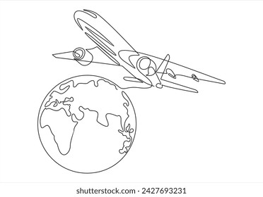 Flying Airplane around Earth globe in one Continuous line drawing. Concept of turism trip and travel.	
