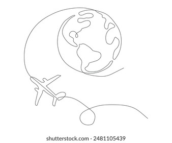 Flying Airplane around Earth globe in one Continuous line drawing. Concept of turism trip and travel. Simple vector illustration in linear style.