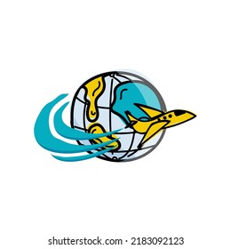 Flying airplane around the globe, hand-drawn doodle. Concept of around-the-world travels. World tourism. Isolated vector object on white background.