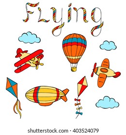 Flying airplane balloon airship kite cloud graphic art color isolated illustration vector