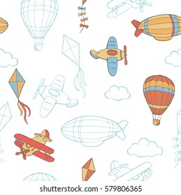 Flying airplane balloon kite cloud graphic color sketch seamless pattern illustration vector