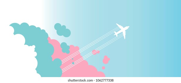 Flying airplane in blue sky in the clouds. Vector illustration.