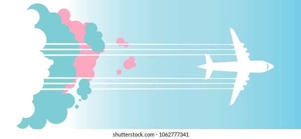 Flying airplane in blue sky in the clouds. Vector illustration.