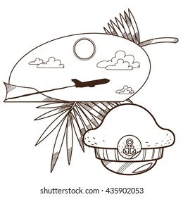 Flying airplane and captain cap. Outline illustration on the theme of travel.