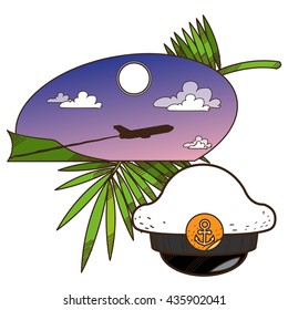 Flying airplane and captain's cap. Color illustration on the theme of travel.