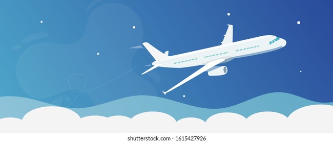 Flying airplane in clear blue sky design concept - flat vector illustration.