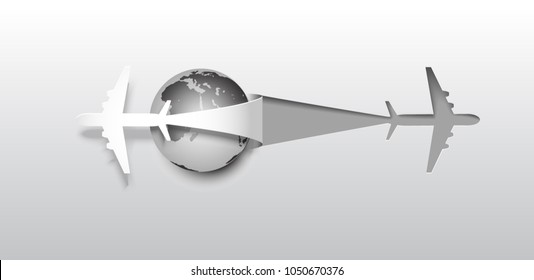 Flying Airplane clipped from paper and earth globe
