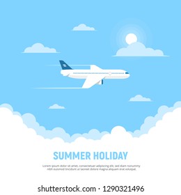 Flying airplane and clouds on blue sky background. Concept travel and holidays. Vector illustration in flat style.