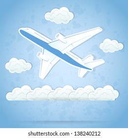 The flying airplane and clouds on sky background, illustration.