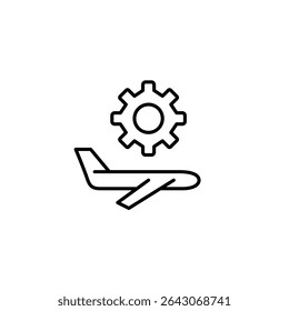 Flying airplane and cogwheel. Flight settings, system diagnostics, aircraft configuration, aviation maintenance, autopilot control. Pixel perfect, editable stroke vector icon